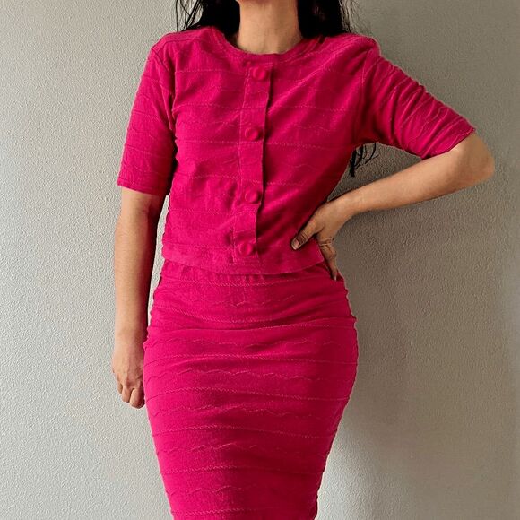 vtg 80s hot pink knit two piece fitted‎ skirt set short sleeve top retro small - Picture 1 of 7